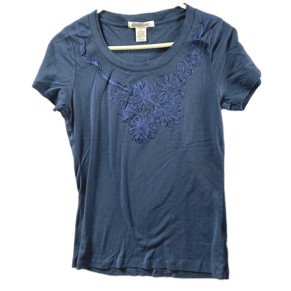 August Silk Shirt Women S Blue Peper Floral Applique Cotton Short Sleeve Top NWT